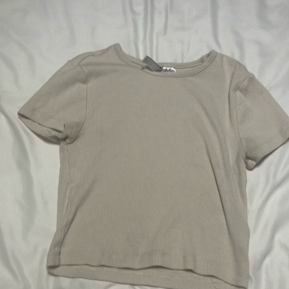 Ribbed Beige Short Sleeve Top